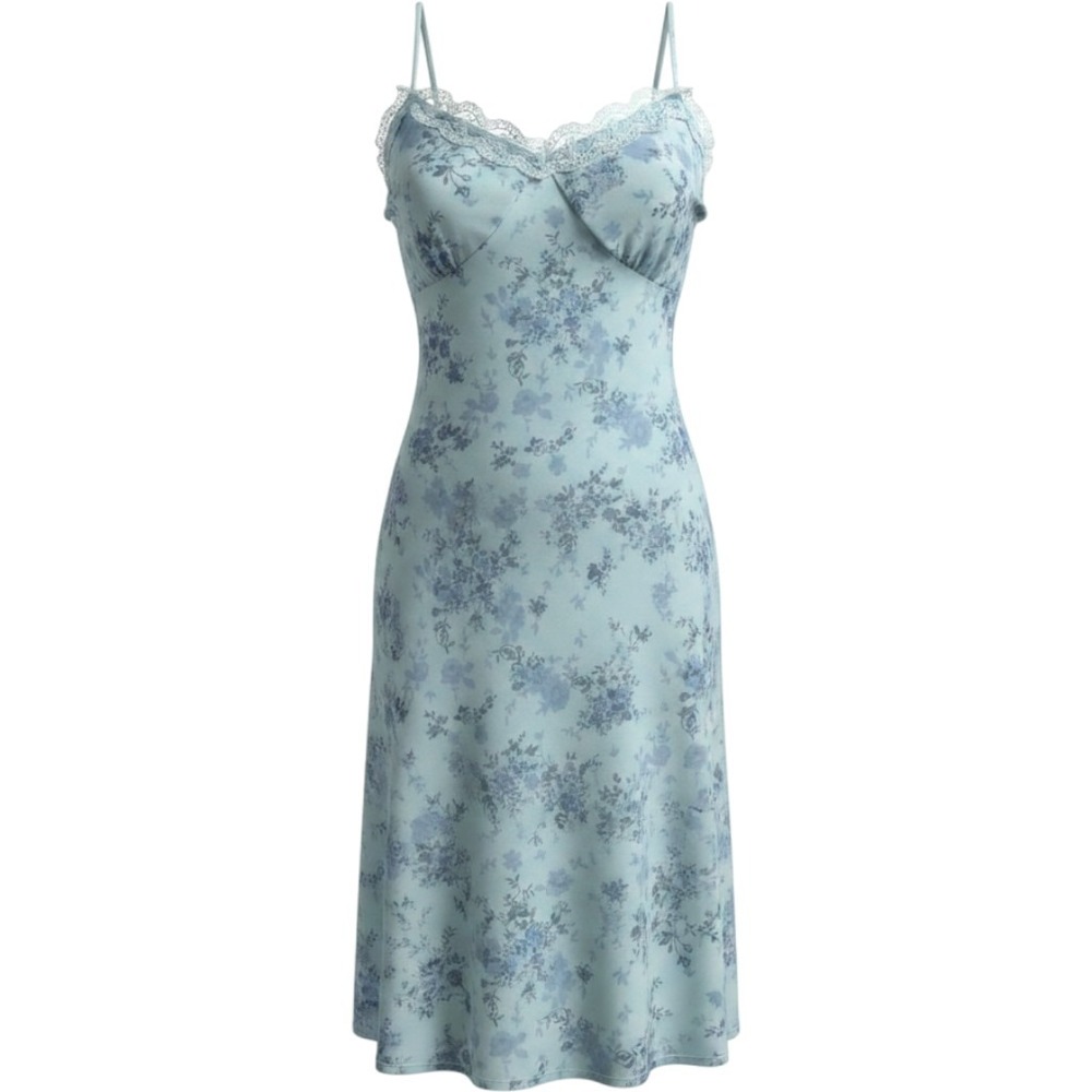 Pink Rose Blue Floral Lace Trim Cami Slip Dress 90s Style Midi PS6K52176 Size M